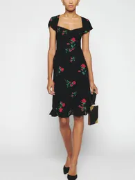 Sukienki imprezowe Seksowne kwadratowe kołnierz Backless Slim Slim Slime Kobiet Rose Rose Print Short-Sleeved Ruffle średniej długości Summer