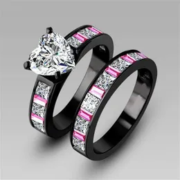 Choucong noivado rosa safira diamante 10KT ouro preto preenchido 2 em 1 conjunto de anel de aliança de casamento feminino tamanho 5-11 presente318p