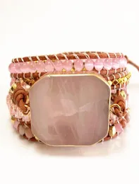 ST0101 Новый дизайн, женские браслеты из натурального розового кварца, кожаный браслет, необычные браслеты ручной работы Femme Boho4939492