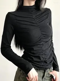 Kadın Tişörtleri Hikigawa Erken Sonbahar Siyah Mockneck Uzun Sleevce Alt T-Shirts Chicfashion Women Casual Piled Slim Basic Teps Mujer