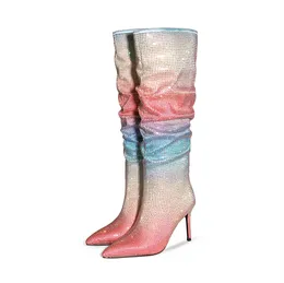 Thin High Heel Pleated Stacked Boots for Women, Rainbow Gradient Rhinestone, Women's Shoes, Thigh High Boots, Large Size 47, New Fashion, 2023