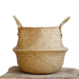 Woven Seagrass Basket Tote Belly Basket for Storage Laundry Picnic Plant Pot Cover Beach Bag205O