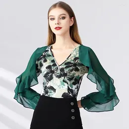 Stage Wear 2023 Ballroom Blouse Latin Dance Tops Women Modern Leotard Shirts V-neck Waltz Salsa Rumba Long-sleeved Practice Clothing