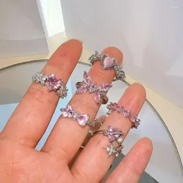 Cluster Rings Y2K Pink Crystal Heart Ring Fashion Elegant Shiny Zircon Opal Love Open For Women Kpop Punk Girl Party Jewelry Gifts