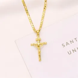 Italiano inri jesus crucifixo cruz pingente figaro link corrente colar 9k amarelo ouro sólido gf 60cm 3mm feminino mens312d