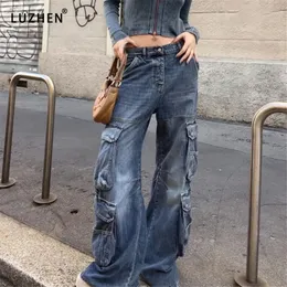 Damen Jumpsuits Strampler Vintage Pocket Jean Streetwear Mid Waist Baggy Wide Leg Straight Cargo Pants Herbst Trashy Y2k Denim Hose 2023 231213