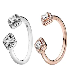 Prawdziwy 925 Srebrny Square Square Sparkle Otwarty Pierścień Rose Gold Women Projektant Wedding Biżuteria Oryginalna pudełko do P CZ Diamond Rin5902532