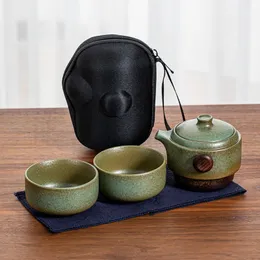 Tea Cups Chinese Portable Set Ceramic 1 Pot 2 Travel Mugs Storage Bag Teaware Heat Isolation Container 231214