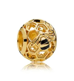 Yellow Gold Plated Bee Hive Beads Charm Sterling Silver Kvinnans smycken Tillbehör med originalbox Set för armband Bangle Making Charms5022201