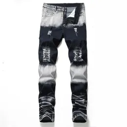 Herr jeans män rippade mode motorcykel denim design raka byxor varumärke casual lappar slitage hål förstört stor storlek 231213