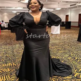 Simple Plus Size Black Prom Dress Elegant Long Sleeve Mermaid Evening Formal Dress Court Train Special Occasion Black Women Vestios De Festias Satin Celebrity Dress