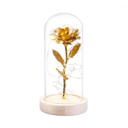 Flor artificial de ouro rosa led lâmpada de rosa em cúpula de vidro com baterias de madeira base alimentada aniversário presente de casamento decoração de casa 1230t