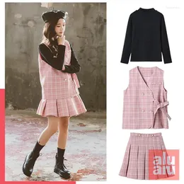 의류 세트 소녀의 양복 한국 버전의 어린이 패션 웨스턴 스타일 격자 무늬 말 클립 주름 3 피스 세트
