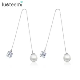 Dangle & Chandelier LUOTEEMI Brand Trendy Drop Earrings Double Side Shining CZ With Simulated Pearl Jewelry Ear Wire Long Chain Br315Y