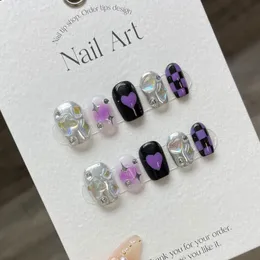 Unhas Falsas Artesanais Y2k Pressão Curta em Unhas Estrela Coreana Coração Design Adesivo Reutilizável Unhas Falsas Roxo Acrílico Dicas de Unhas Manicure Grils 231214