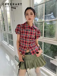 Damenblusen Hemden CHEERART Vintage Plaid Buffalo Peter Pan Kragen Puffärmel Button Up Hemd für Frauen 2023 Sommer Top und Bluse Französischer Stil YQ231214