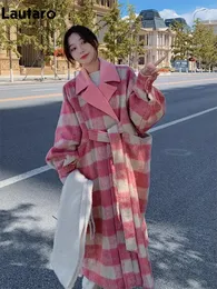 Lautaro Autumn Winter Long Loose Carucation Colorful Plaid Ware Soft Woolen Coat Women Sashes Pockets Luxury Korean Fashion 2023 231213