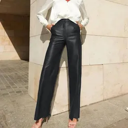 Kvinnors byxor raka hög midja faux läder kvinnor casual streetwear löst bred ben pu last kvinnlig full längd byxor pantaloner