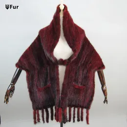 Halsdukar 2023 kvinnor 100 naturliga mink päls vinter mode stickning äkta sjal lång stil mjuk varm halsduk sjal 231214