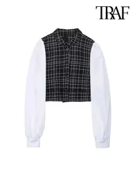 Koszule damskie bluzki damskie Kobiety mody patchwork Tweed Tweed Tweed Cothed Cotted koszule vintage długoterminowe przednie guziki Bluzki Bluzy Blusas Chic Tops YQ231214