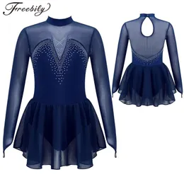 Tanzkleidung Kinder Mädchen Figuren Skating Dance Kleid Langarm glänzender Strassnetz Ballett Gymnastic