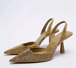 Sandals 2021 Women 85cm High Heels Lady Fetish Crystal Low Slingback Shoes Summer Luxury Designer Stripper Gold Sandles6085259
