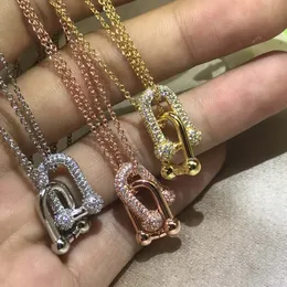 Designer colar ferradura anel duplo colar meio diamante rosa ouro clavicular corrente pingente em forma de u cruz jóias