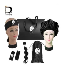 Anpassade logotyp hårförlängningsbuntar förpackning sätter upp mänskligt jungfruhårhäftande wrap häng taggar bonnets satin paket väskor låda kit14523659