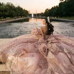 Mexikanische Vestido De 15 Anos Rosa Charro Quinceanera Kleider Spitze Applikationen Perlen Korsett Süße 16 Kleid Abiti Da Cerimonia