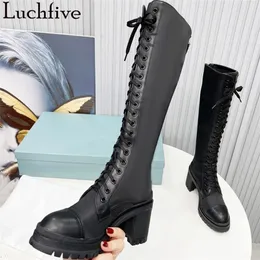 Boots Round toe Chunky Heel Knee High Boots Women Luxury Fashion Chelsea Long Boots Black Lace up Brand Ankle Boots Feminine 231213