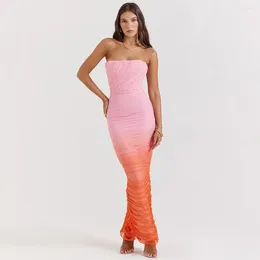 Casual Dresses Chic Gradient Fishbone Pleated Fold Tight Sexy Strapless Split Tube Top Bodycon Dress