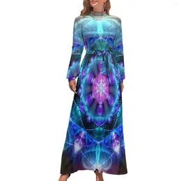 Lässige Kleider, Blumen-Mandala-Kleid, hohe Taille, abstrakter Blumendruck, individuelle Bohemia-Langarm-Stilvolle lange Maxi-trendige Kleidung