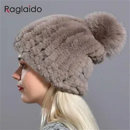 Raglaido stickade pompom hattar för kvinnliga mössor solast elastiska rex kanin pälsmattor vinter hatt skallies modetillbehör lq11219 2319i