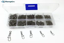 Rompin 210pcsbox Fishing Rolling Swivels Snap Pin Line Connectors 2 4 5 6 8 Solid Barrel Swivel Rings Snap Fishing Swivels4235240