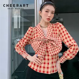 Damenblusen Hemden CHEERART Orange Plaid Bow Puff Sleeve Top Koreanische Bluse Frauen Langarm V-Ausschnitt Button Up Hemdbluse 2021 Herbstkleidung YQ231214