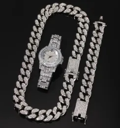 3PCSSet Men Hip Hop Iced Out Bling Chain Halsband Armband Titta på 20 mm bredd kubanska kedjor halsband Hiphop charm smycken gåvor14161390