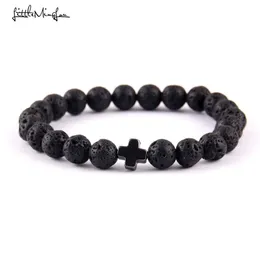 Wenig MingLou Neue Trendy jesus kreuz Charme männer armbänder Schwarz Lava Stein 8mm Perlen Armbänder Armreifen für frauen Jewelry262z