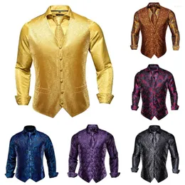 Coletes masculinos moda homens camisas de seda conjunto paisley ouro preto vermelho azul colete camisa gravata lenço abotoaduras casamento festa de negócios hi-tie