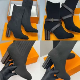 2023 Stiefel Designer Silhouette Ankle Boot Schwarz Martin Booties Stretch High Heel Halb Winter Dicke Brief Schuhe 35-42 mit Box