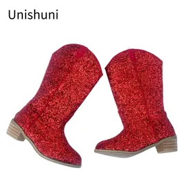 Buty Unishuni Cowboy for Kids Girls Fashion Heeled Buty Dzieci Glitter Western z Zip Spring Autumn Kolano 231213