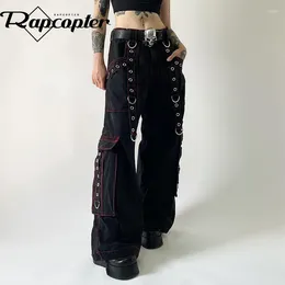 Kvinnors jeans rapcopter svart bandage last vintage gotisk punk stora fickor byxor grunge estetiska streetwear byxor metall harajuku