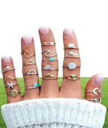 19 PCSSET RING BOHO COMPASS ARROW STATRFISH WAVE MOON EYES GEM OPENING MIDI RINGS for Women Charm Rings Set Jewelry Gift6507174