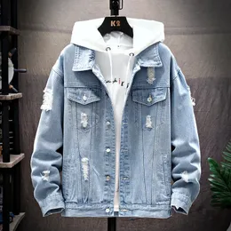 Herrjackor Summer och Autumn Men's Denim Jacket Casual Solid Lapel Single Chest Jeans Men's Regular Tear Hole Cotton Jacket 231214