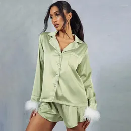 Kvinnors sömnkläder 2023 Artificial Silk Ostrich Feather Long Sleeve Shorts Pyjamas Kvinnor Tvådelar Set Summer Outerwear Homewear