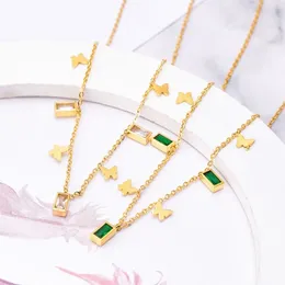 Chains ANENJERY L316 Stainless Steel Green White Zircon Square Butterfly Pendant Necklace For Women Simple Vintage Jewelry Gift