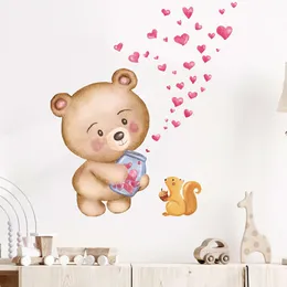 Hand-Paint Brown Bear with Heart Shape Wall Stickers For Kids Room Baby Nursery Room Wall Decals Animals Home Decorative Sticker