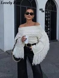 Women s Sweaters Thicken White Tassel Off Shoulder Sweater Women Elegant Slash Neck Long Sleeve Short Wool Pullover 2023 Winter Lady Knit Jumpers 231214