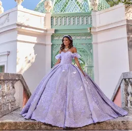 Brilhante querida quinceanera vestidos de renda apliques miçangas cansado fora do ombro princesa vestido de baile doce 16 lilás lavanda