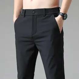 Calças masculinas 2023 outono mens estiramento coreano casual magro ajuste cintura elástica jogger negócios calças clássicas masculino preto cinza azul 2838 231213