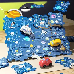 Diecast modelo puzzle pista carro para crianças dos desenhos animados dinossauros corrida brinquedos com elétrico educacional jigsaw brinquedo crianças presente 231214